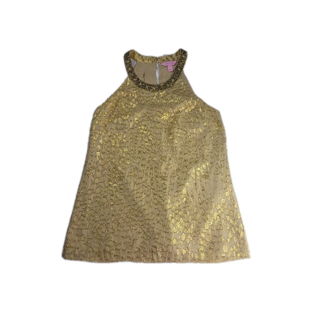 LILLY PULITZER Corsica Beaded Silk Halter Top Metallic Gold 81854 blouse XS